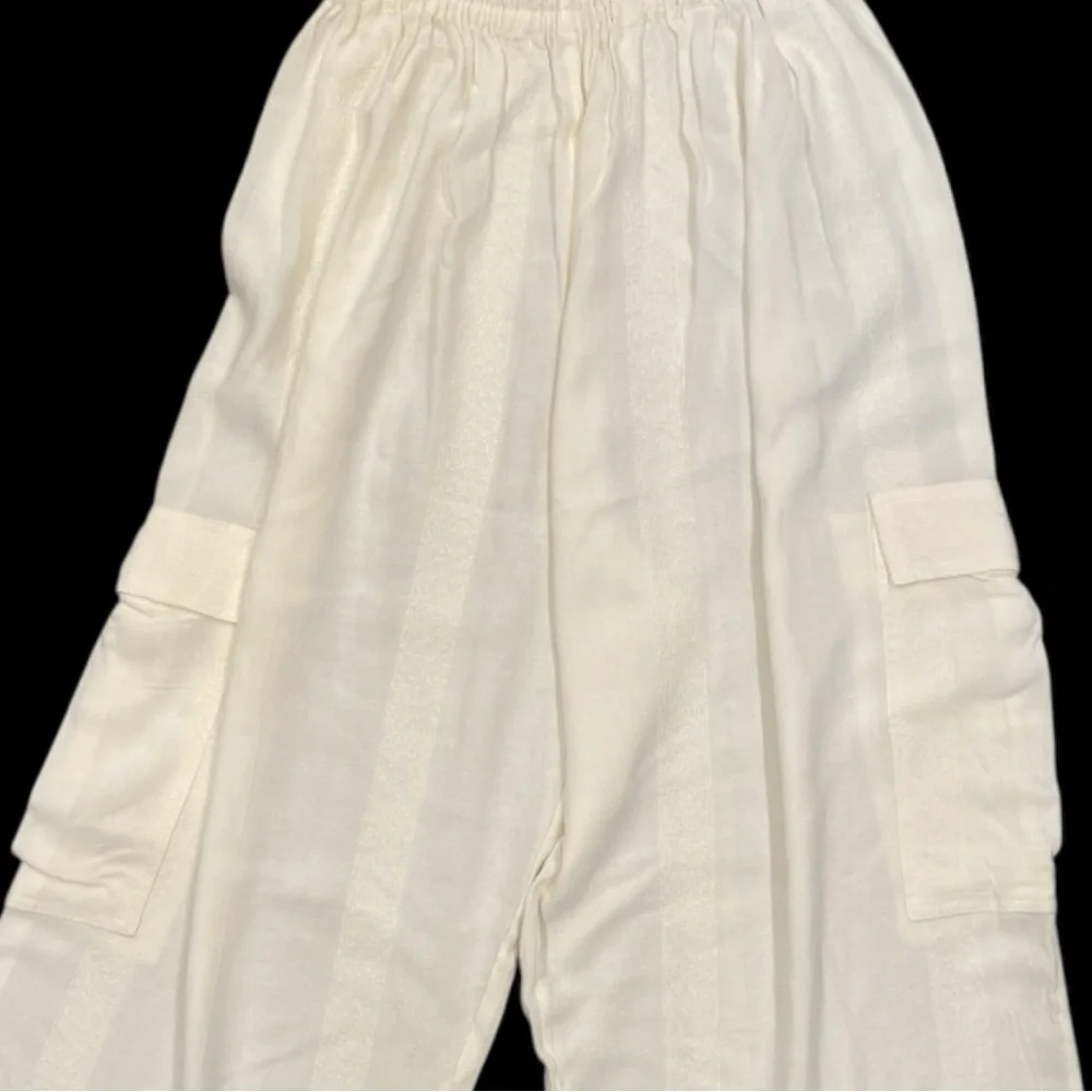 Cream Wide Leg Cargo Pants High Rise Elastic Waist Minimalist Lounge - Picture 3 of 6